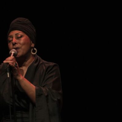 Chanteuse interprète sur scène avec micro.