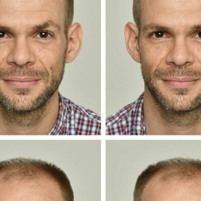Homme avec différentes calvities et styles de barbe.
