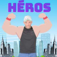 Homme souriant avec bras musclés dessinés, fond urbain.