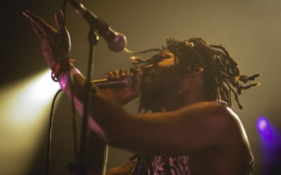 Chanteur sur scène avec micro et projecteurs.