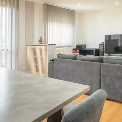 Salon moderne avec canapé et télévision.