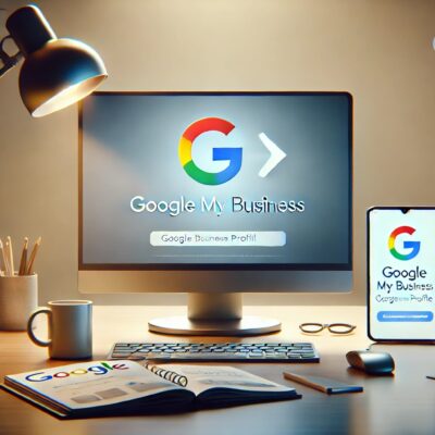 Bureau avec ordinateur, téléphone affichant Google My Business.