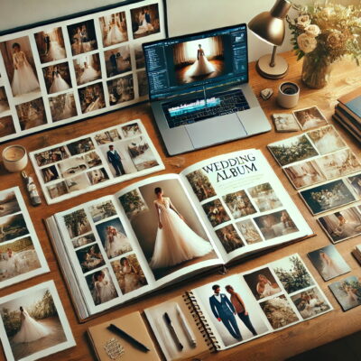 Bureau créatif avec album de mariage en cours.