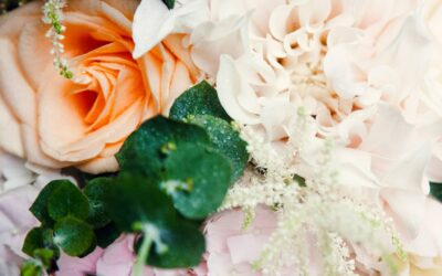 Bouquet de fleurs multicolores et feuillage vert.