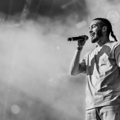 Chanteur sur scène, microphone en main.