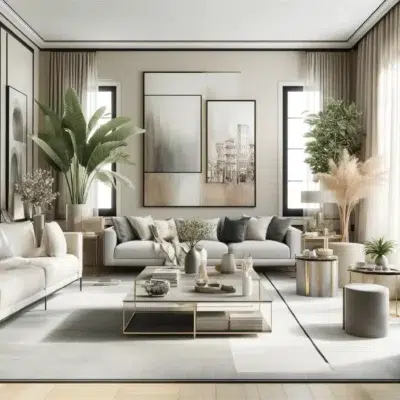 Salon moderne avec canapés, tables et décorations végétales.