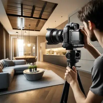 Photographe prend une photo d'un salon moderne.