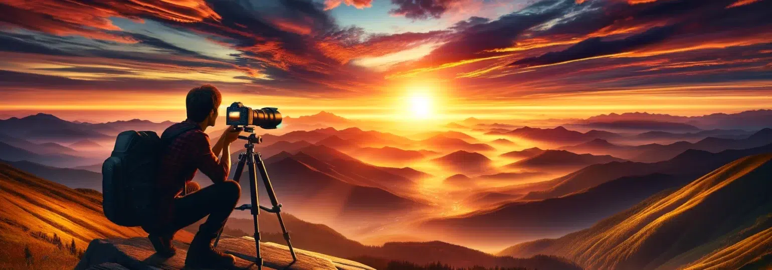 Photographe capturant un coucher de soleil montagneux spectaculaire.