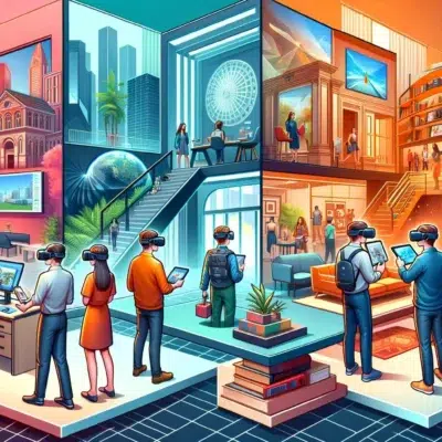 Personnes explorant réalité virtuelle immersive.