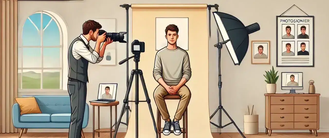 Photographe prend photo d'un homme assis en studio.