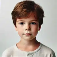 Enfant aux cheveux bruns et regard doux.