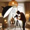 Photographe travaillant dans un studio professionnel lumineux.