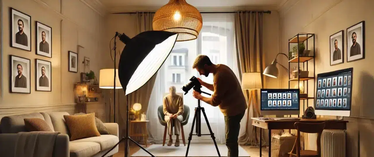 Photographe travaillant dans un studio professionnel lumineux.