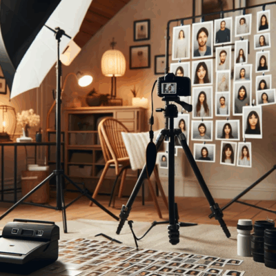 Studio photo avec portraits et équipement photographique.
