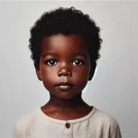 Enfant avec cheveux bouclés et visage sérieux.