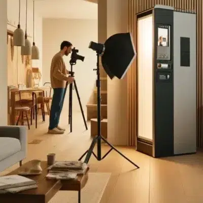 Photographe travaille dans un salon moderne et lumineux.
