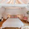 Chambre sous combles avec lit et plantes suspendues.
