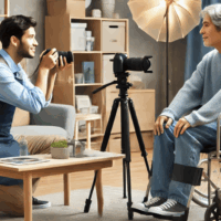 Photographe capturant un homme assis en fauteuil roulant.