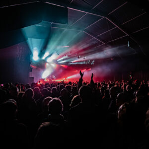 Concert avec foule et jeux de lumières rouges.