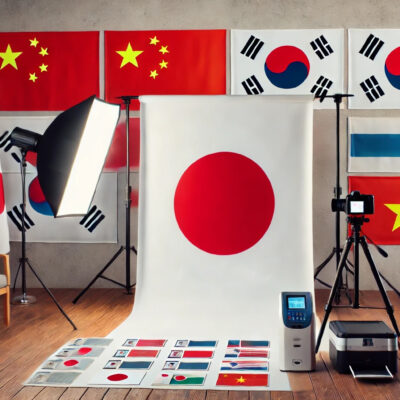 Studio photo avec drapeaux internationaux et équipement.
