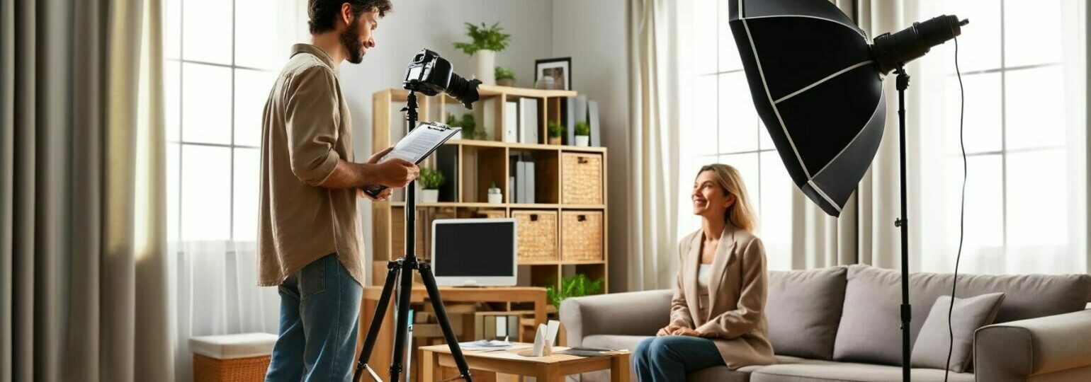 Photographe et modèle en séance photo studio.