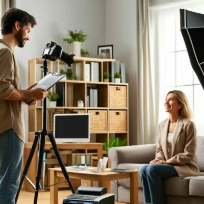 Photographe et modèle en séance photo studio.