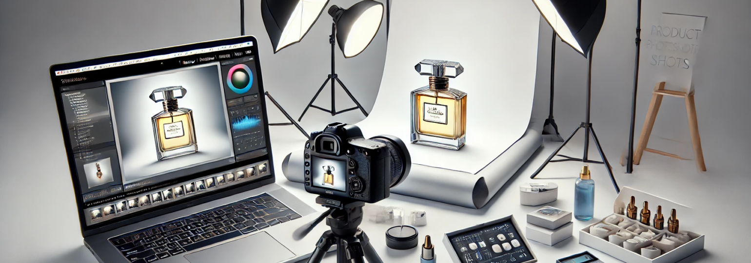 Studio photo de produit avec bouteille de parfum.