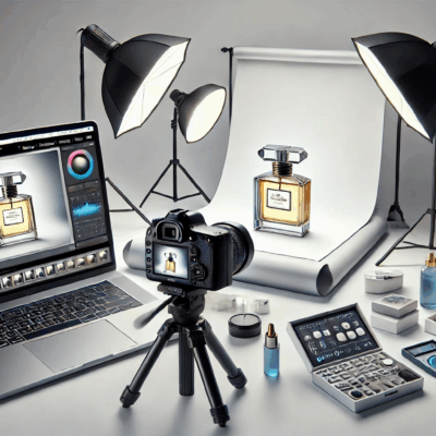 Studio photo de produit avec bouteille de parfum.
