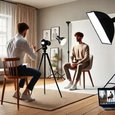 Séance photo en studio professionnel avec éclairage.