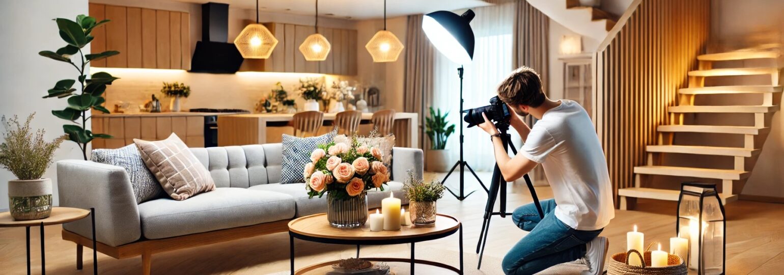 Photographe capturant un salon moderne et lumineux.