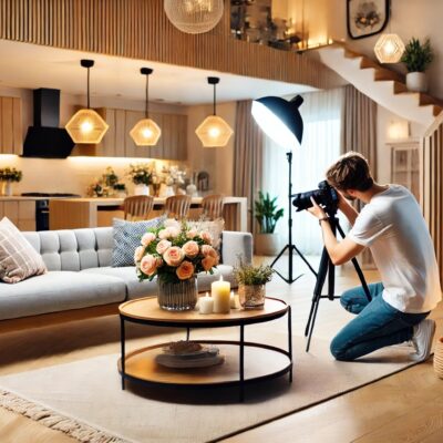 Photographe capturant un salon moderne et lumineux.