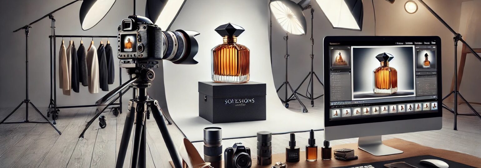Studio photo avec bouteille de parfum.