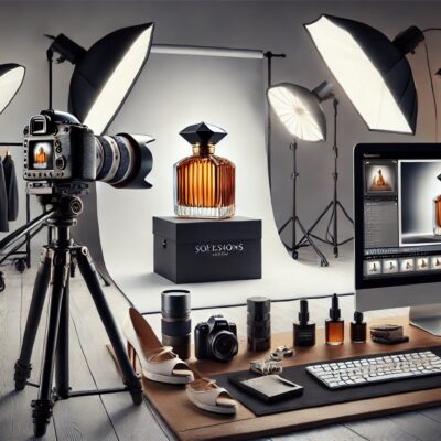 Studio photo avec bouteille de parfum.