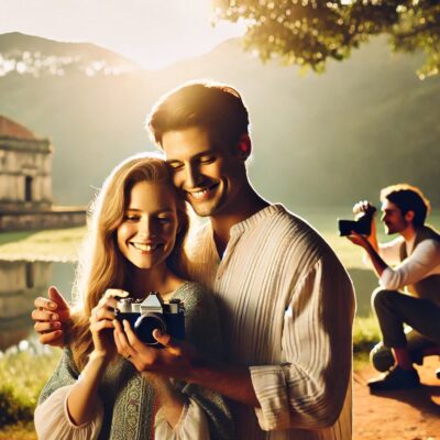 Couple souriant avec appareil photo au bord du lac.