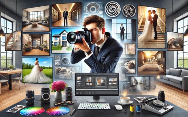 Photographe travaillant devant ordinateurs et photos affichées.