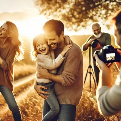 Famille heureuse photographiée au coucher du soleil.