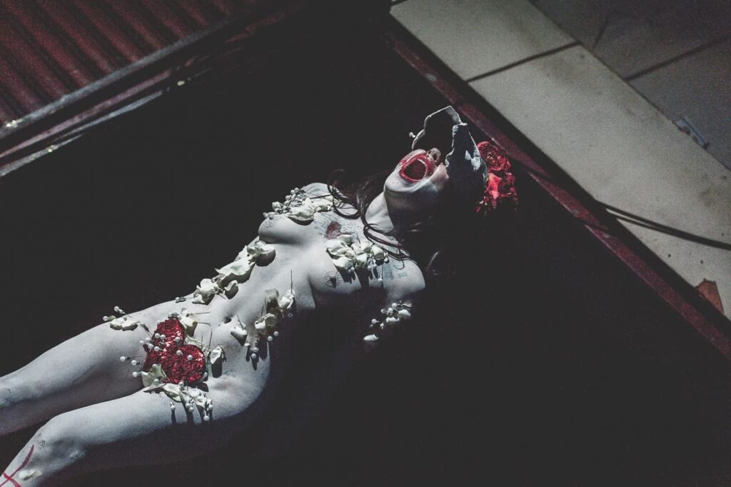 Performance artistique dramatique avec maquillage et accessoires.