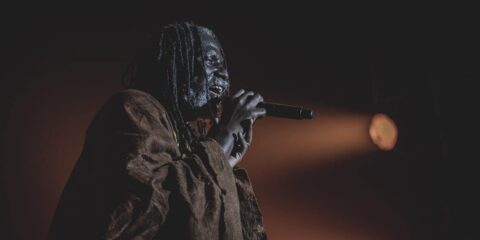 Chanteur sur scène avec micro.