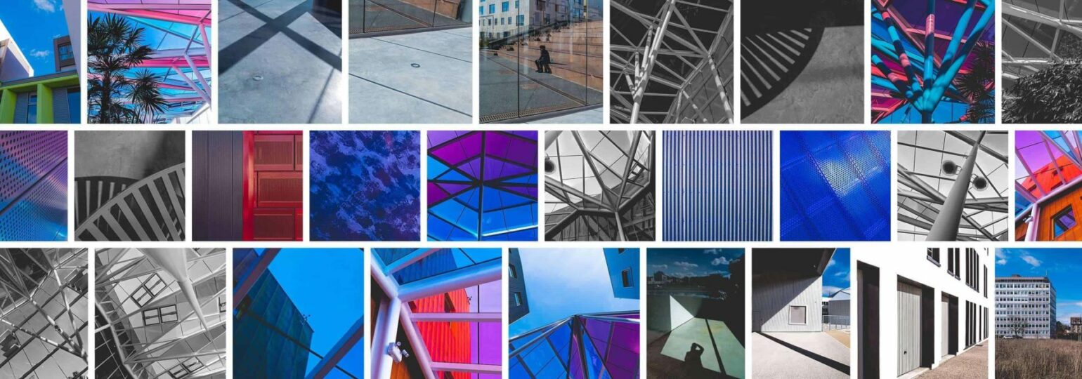 Collage coloré de photos d'architectures modernes.