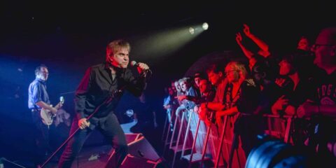 Chanteur en concert devant un public enthousiaste.