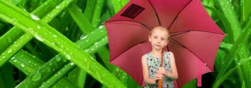 Fille avec parapluie rose, fond verdoyant.
