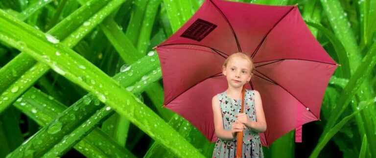 Fille avec parapluie rose, fond verdoyant.