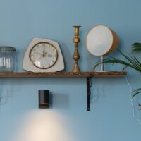 Étagère murale avec objets de décoration et plante