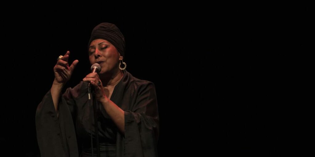 Chanteuse interprète sur scène avec micro.