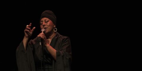 Chanteuse interprète sur scène avec micro.