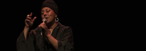 Chanteuse interprète sur scène avec micro.