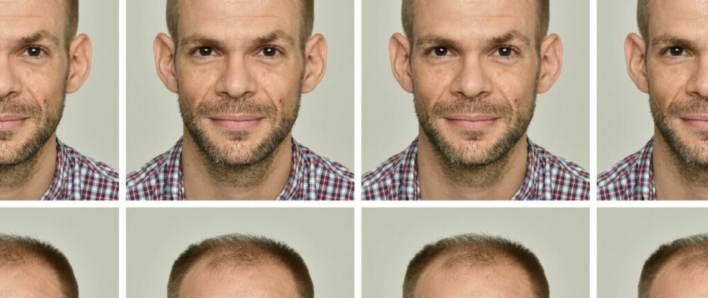 Homme avec différentes calvities et styles de barbe.