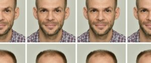 Homme avec différentes calvities et styles de barbe.