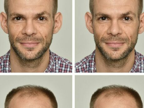Homme avec différentes calvities et styles de barbe.