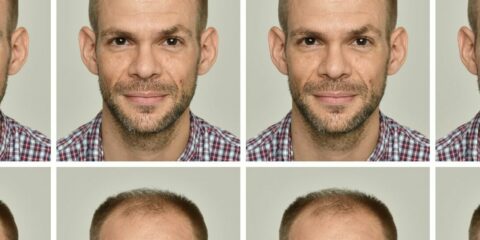 Homme avec différentes calvities et styles de barbe.